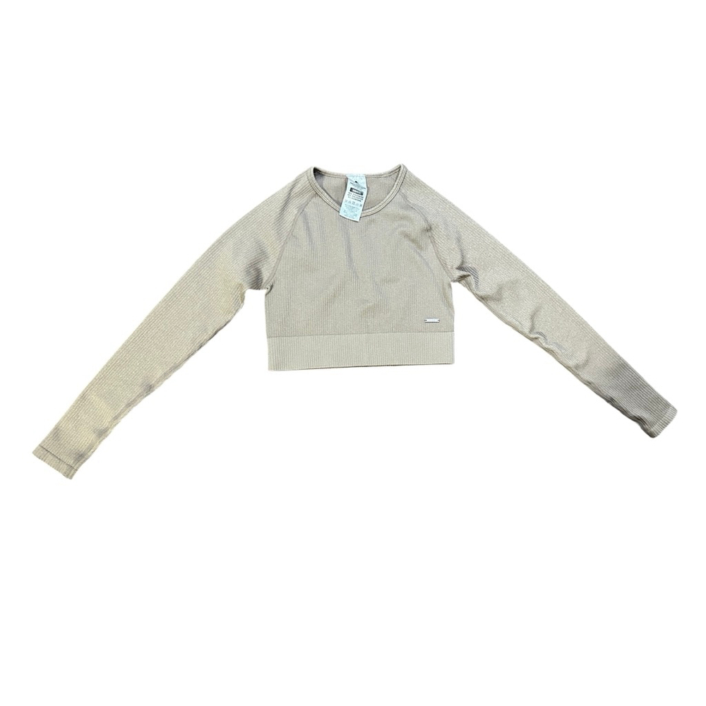 Lilias Active Ribbed Long Sleeve Crop Top Small Beige